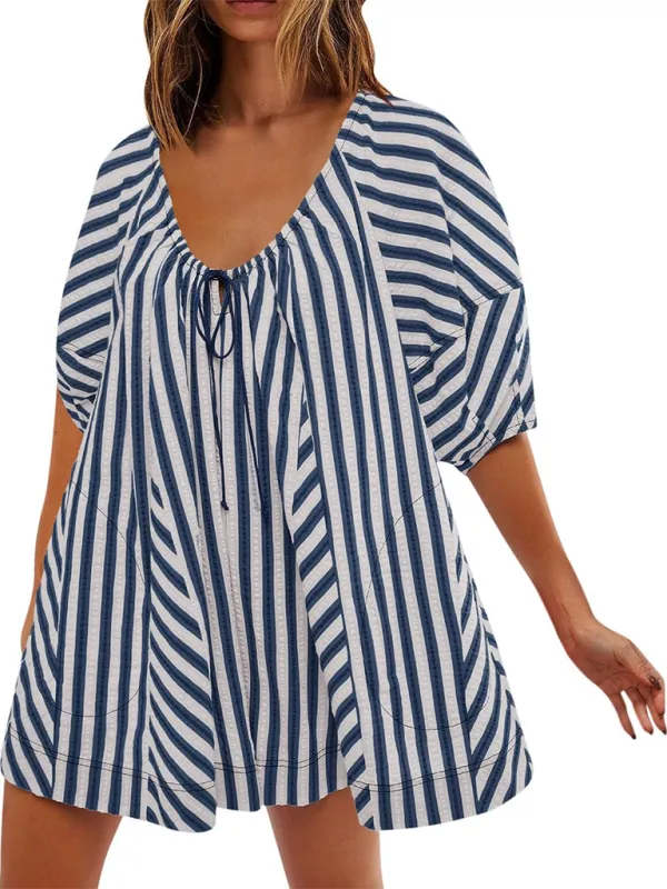 Short Sleeved Striped Jumpsuit Slim Loose Shorts