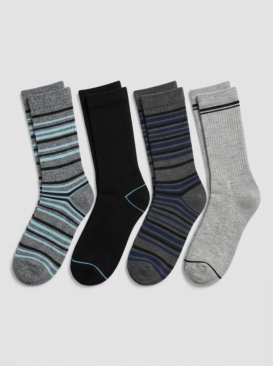 Men's Crew Socks Four-Pair Pack with Striped Ribbed Texture Crew Length Reinforced Heel