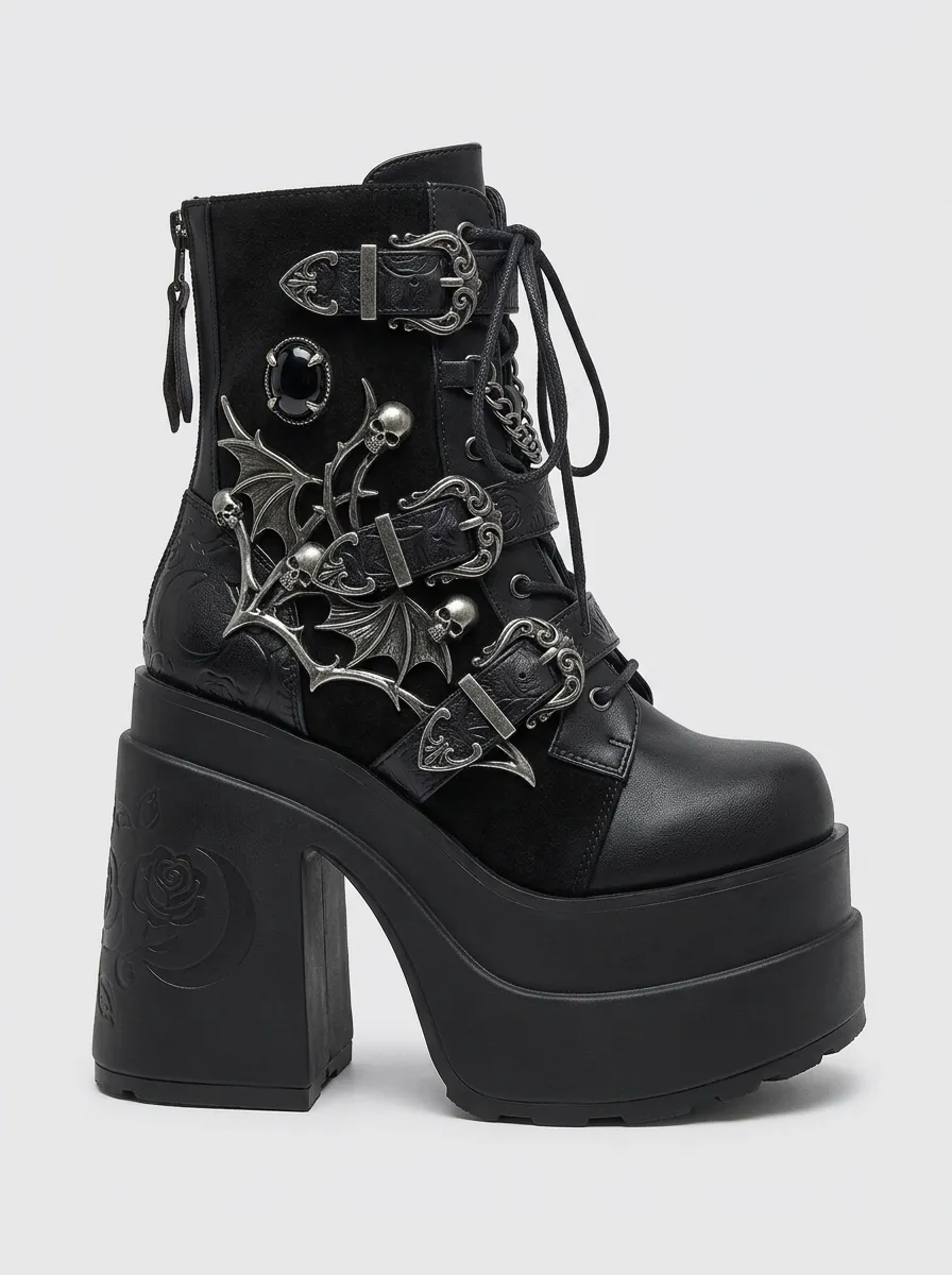 Nightfall Skull Bat Wing Dark Look Women's Gothic Platform Boots
