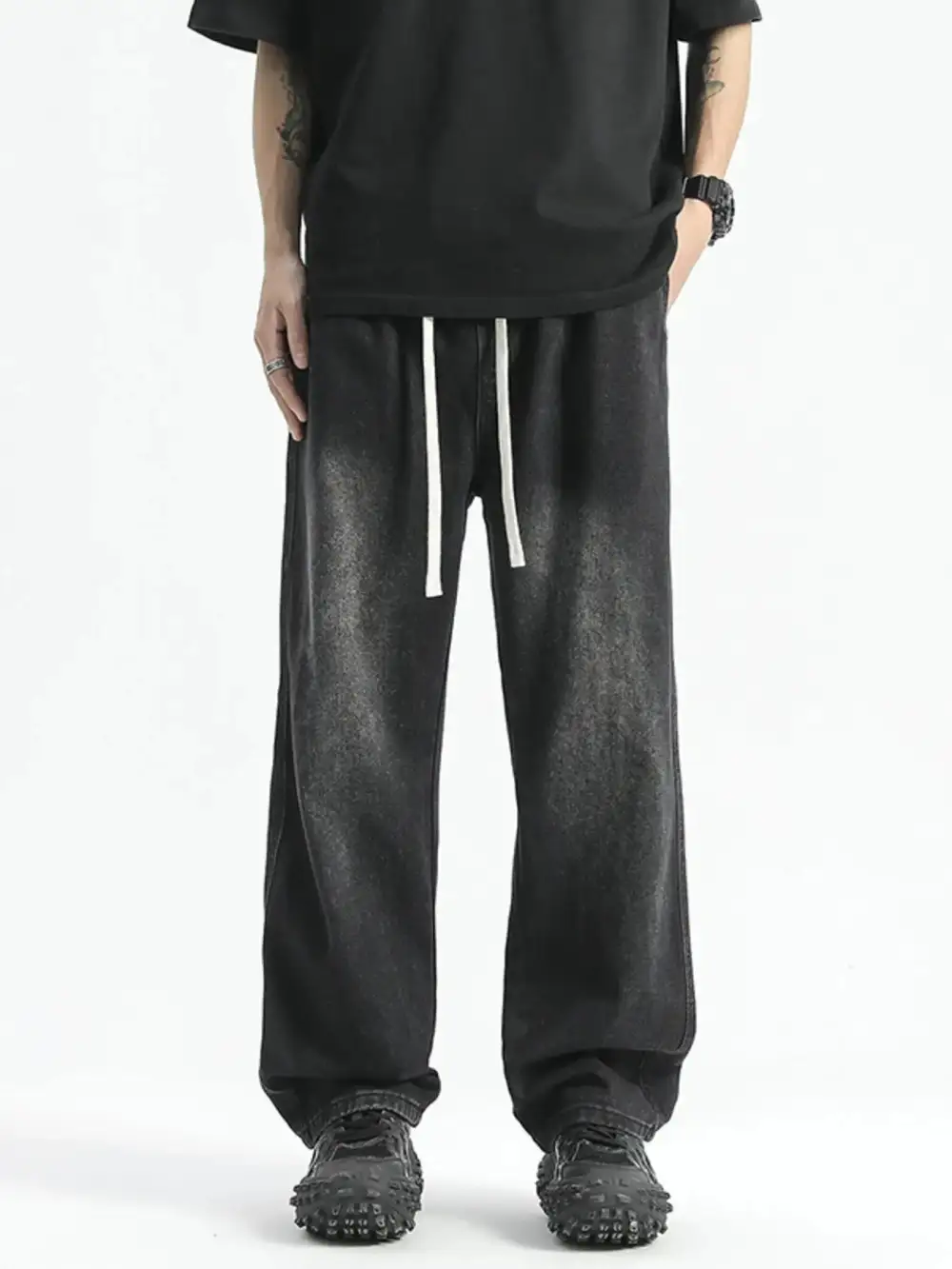 Washed Wide Leg Drawstring Jeans