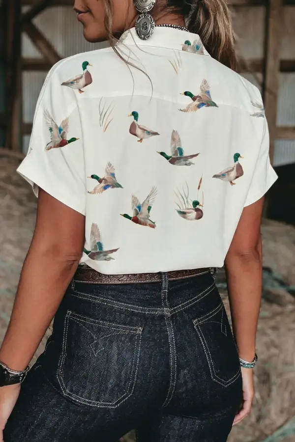 Women's Animal Print Short Sleeve Flap Pocket Blouse