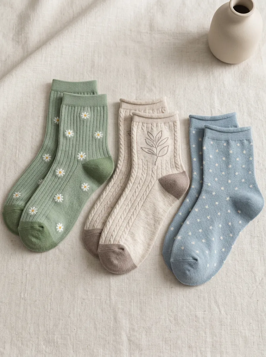 Women's Floral Leaf Star Pattern Printed Cotton Socks Set