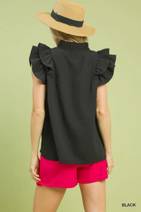 Polyester Textured Ruffle Sleeve V-Neck Blouse
