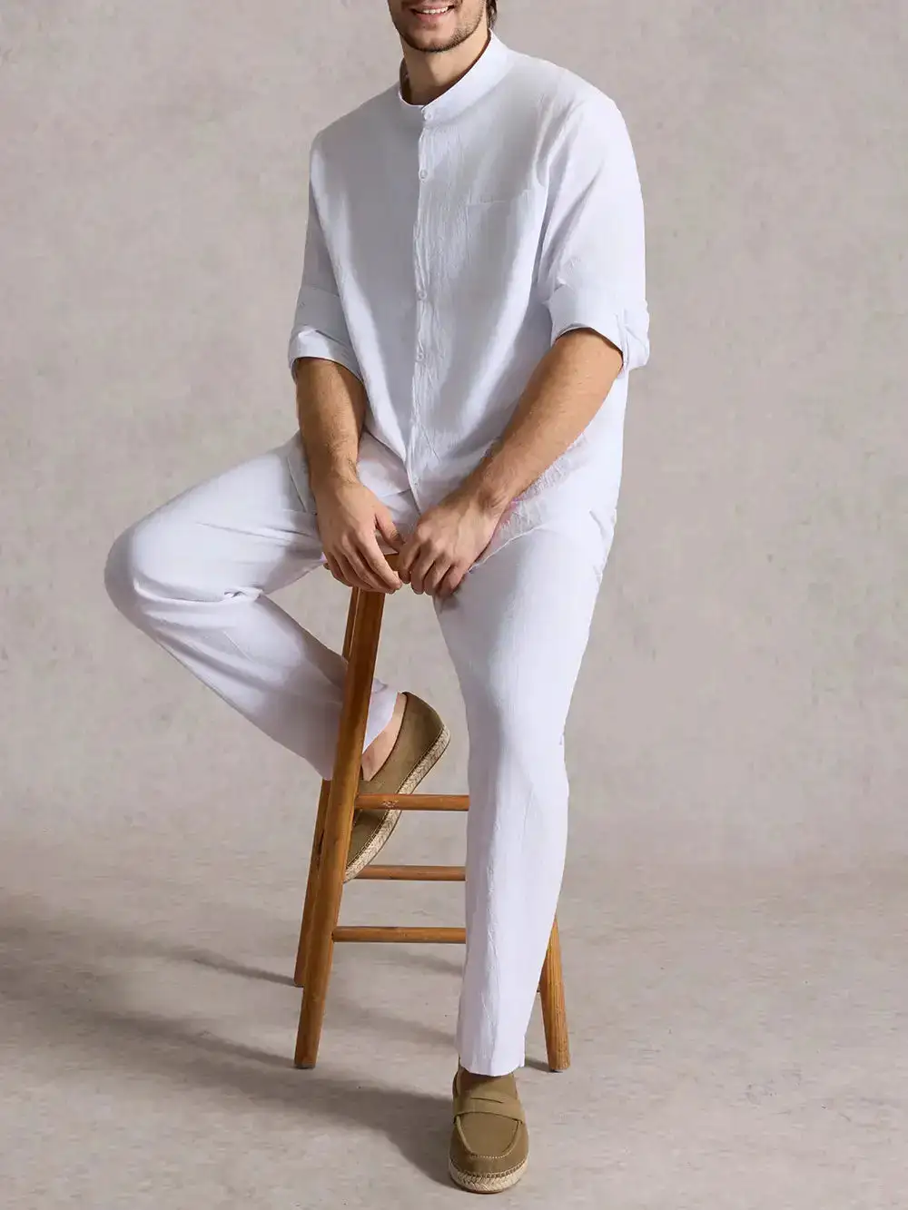 Linen Long Sleeve Elastic Waist Wide Leg Set Slow Living Linen Ensemble