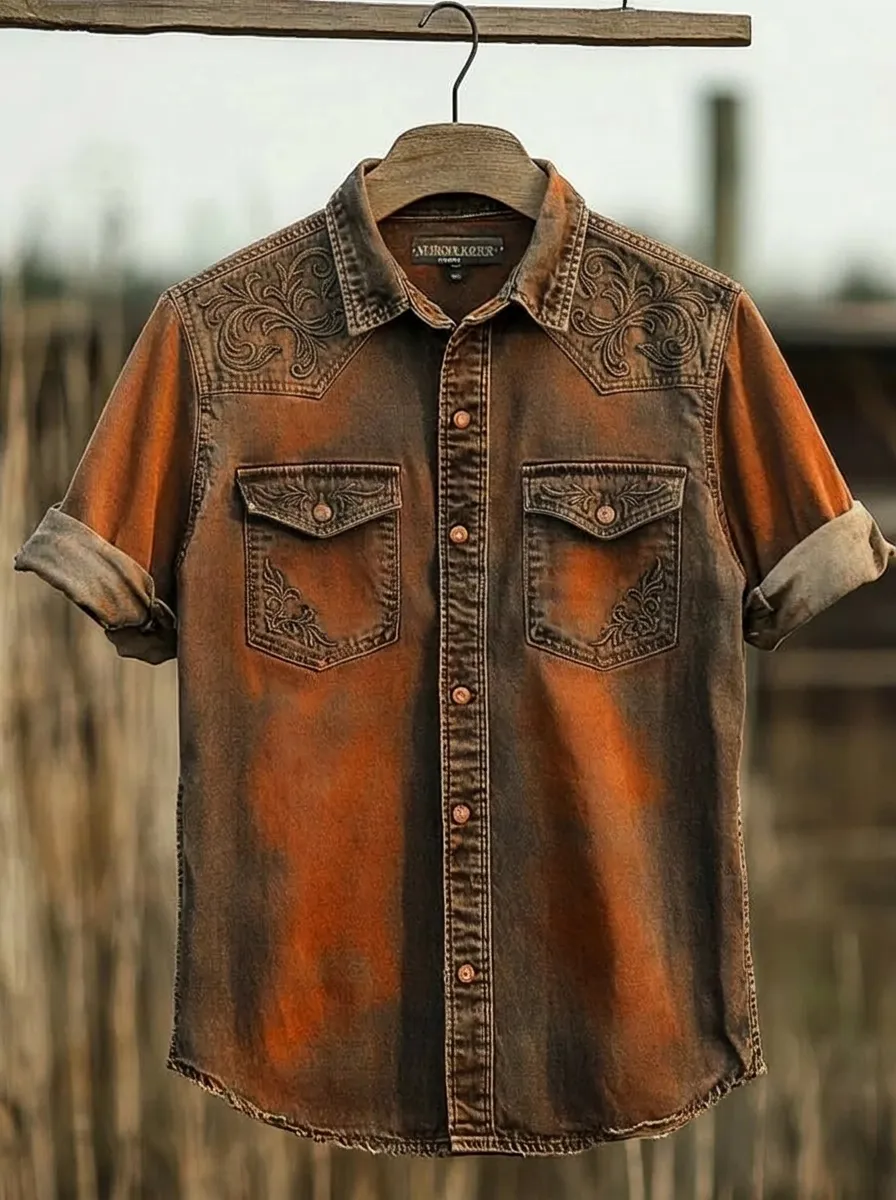Men's Western Cowboy Floral Embroidery Washed Printed Shirt