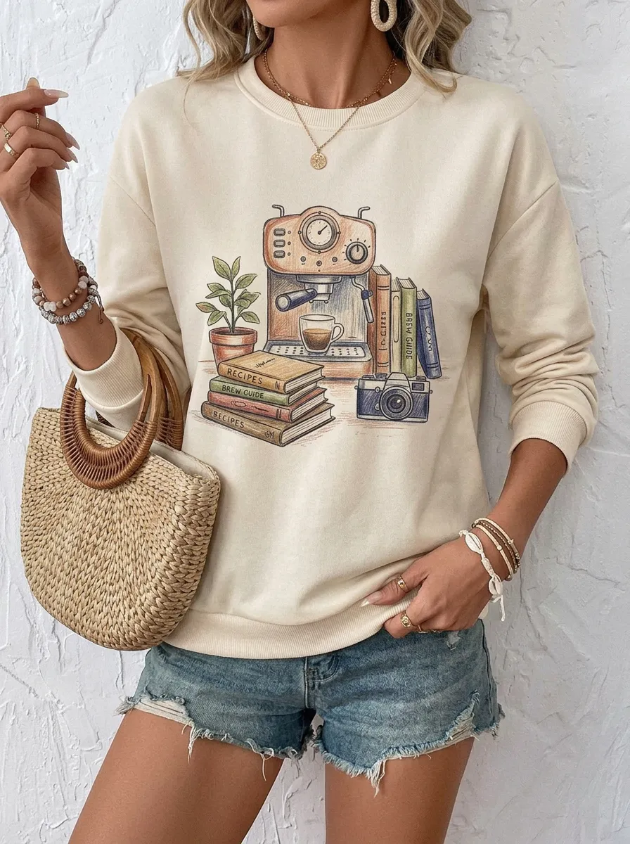 Women's Coffee Lover Bookworm Coffee Machine Printed Sweatshirt