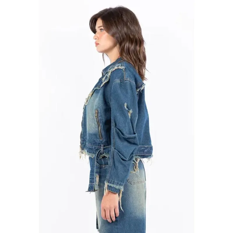 Distressed Frayed Edge Zip-Up Denim Jacket