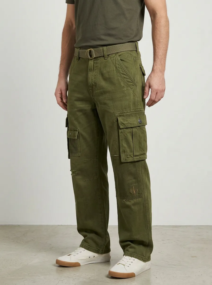 Men's Distressed Patchwork Denim Cargo Jeans
