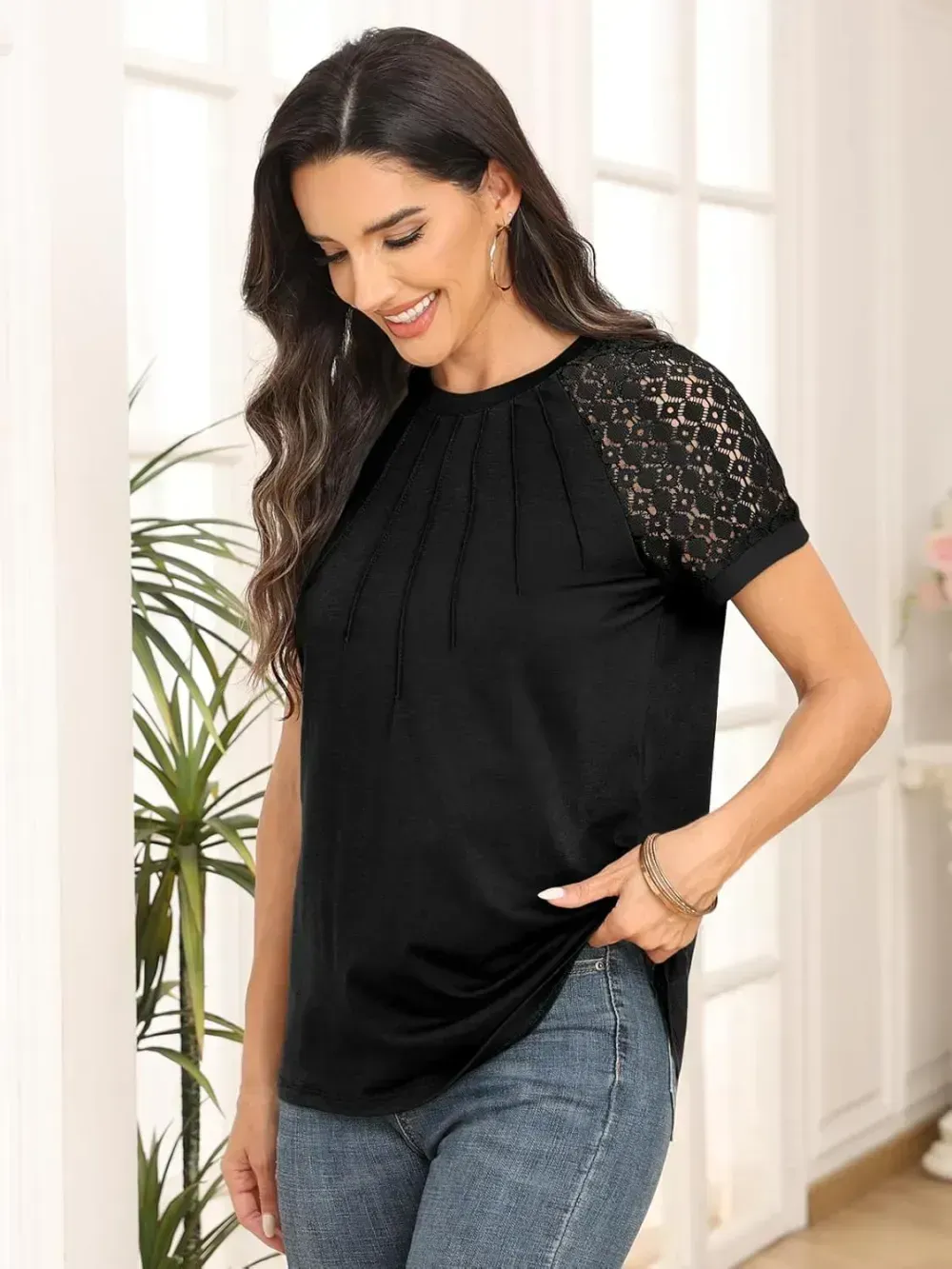 AUTOMET Womens Tshirts Trendy Fashion Tops Lace Short Sleeve Business Tee Shirts Casual Knitted Blouses Summer Outfits 2024