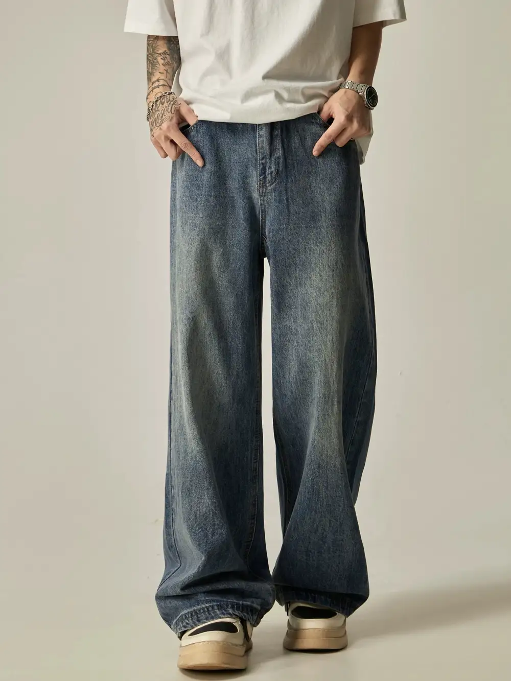 Straight-Leg Washed Vintage-Wash Jeans