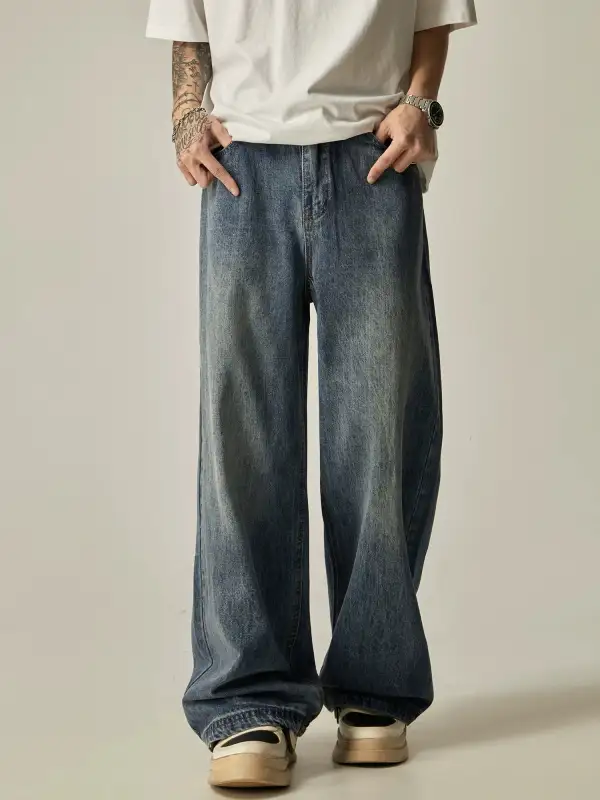 Straight-Leg Washed Vintage-Wash Jeans