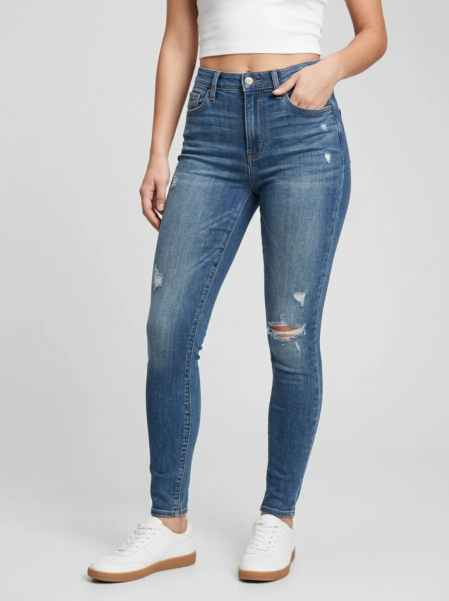 Women's High-Rise Distressed Blue-Wash Denim Slim Jeans