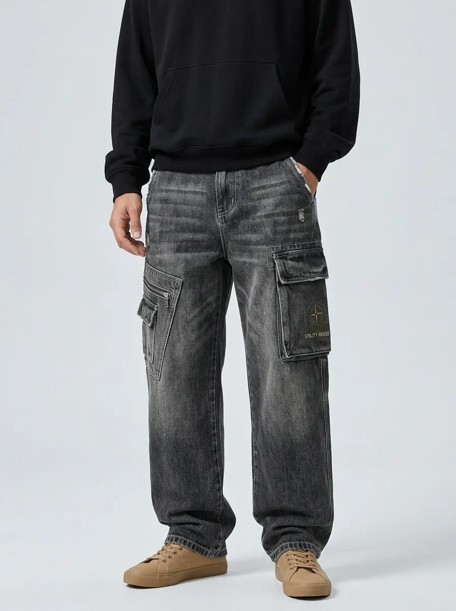 Men's Streetwear Compass Patch Washed Denim Cargo Jeans