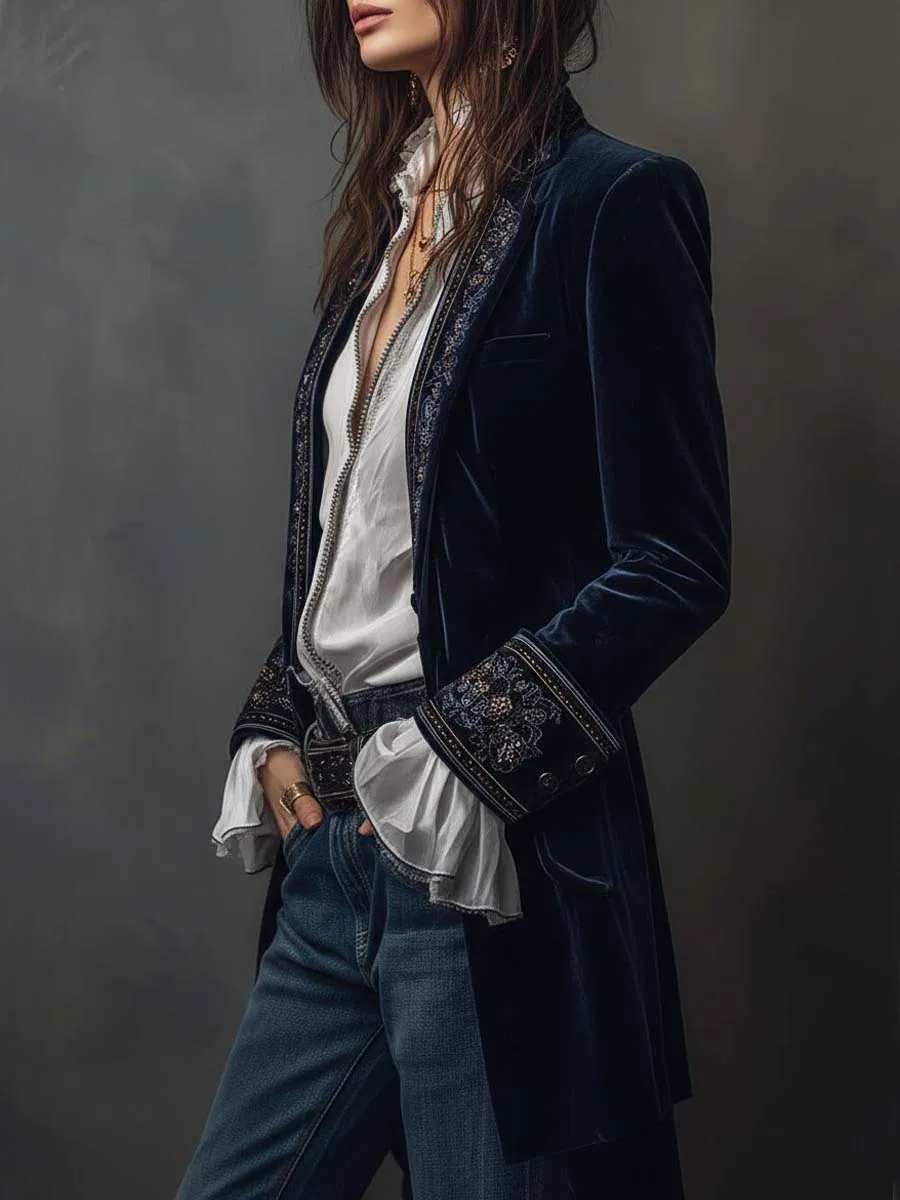 Open-Front Lapel-Collar Velvet Vintage-Inspired Tailored Jacket
