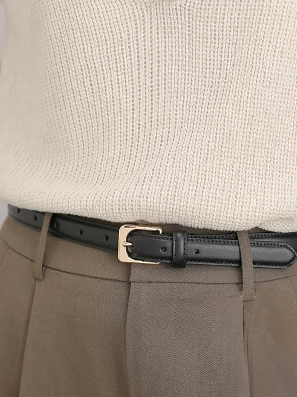 Relaxed Skinny Leather Belt with Golden Buckle