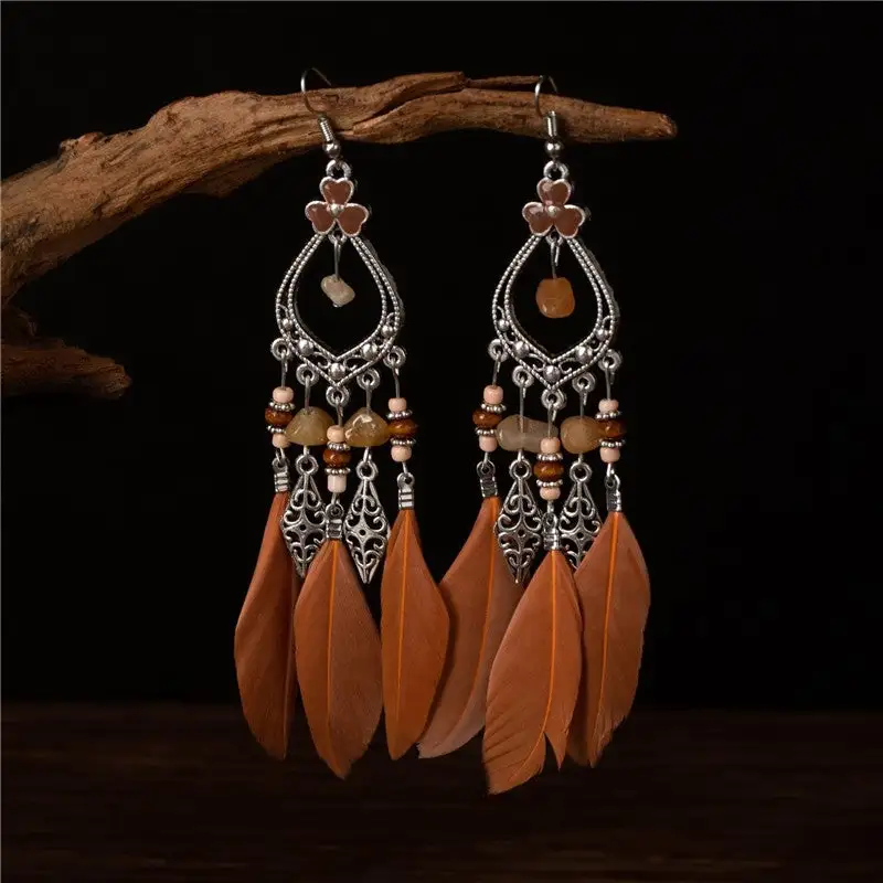 Feather Tassel Alloy Drop Earrings