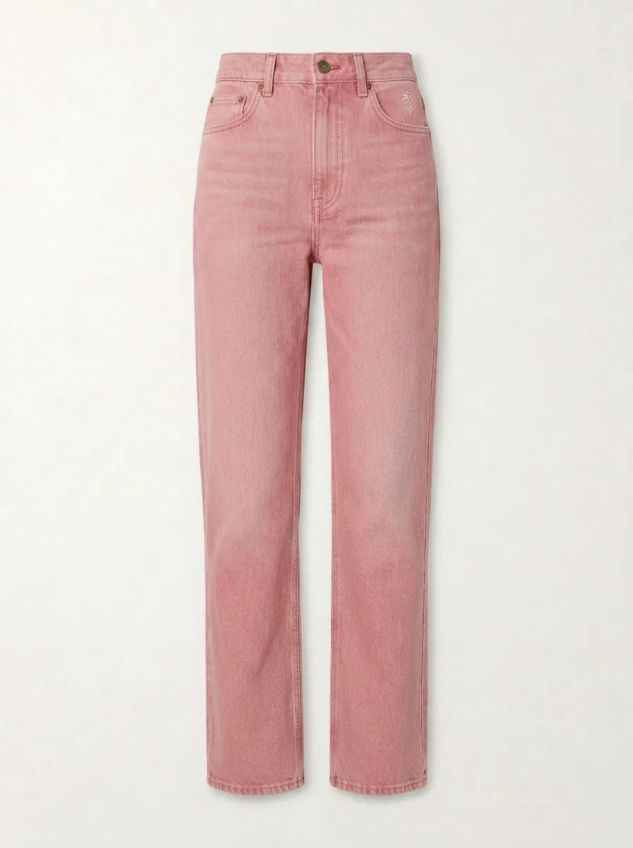 Women's Floral Lover Small Flower Embroidered Mid-Rise Straight Leg Jeans