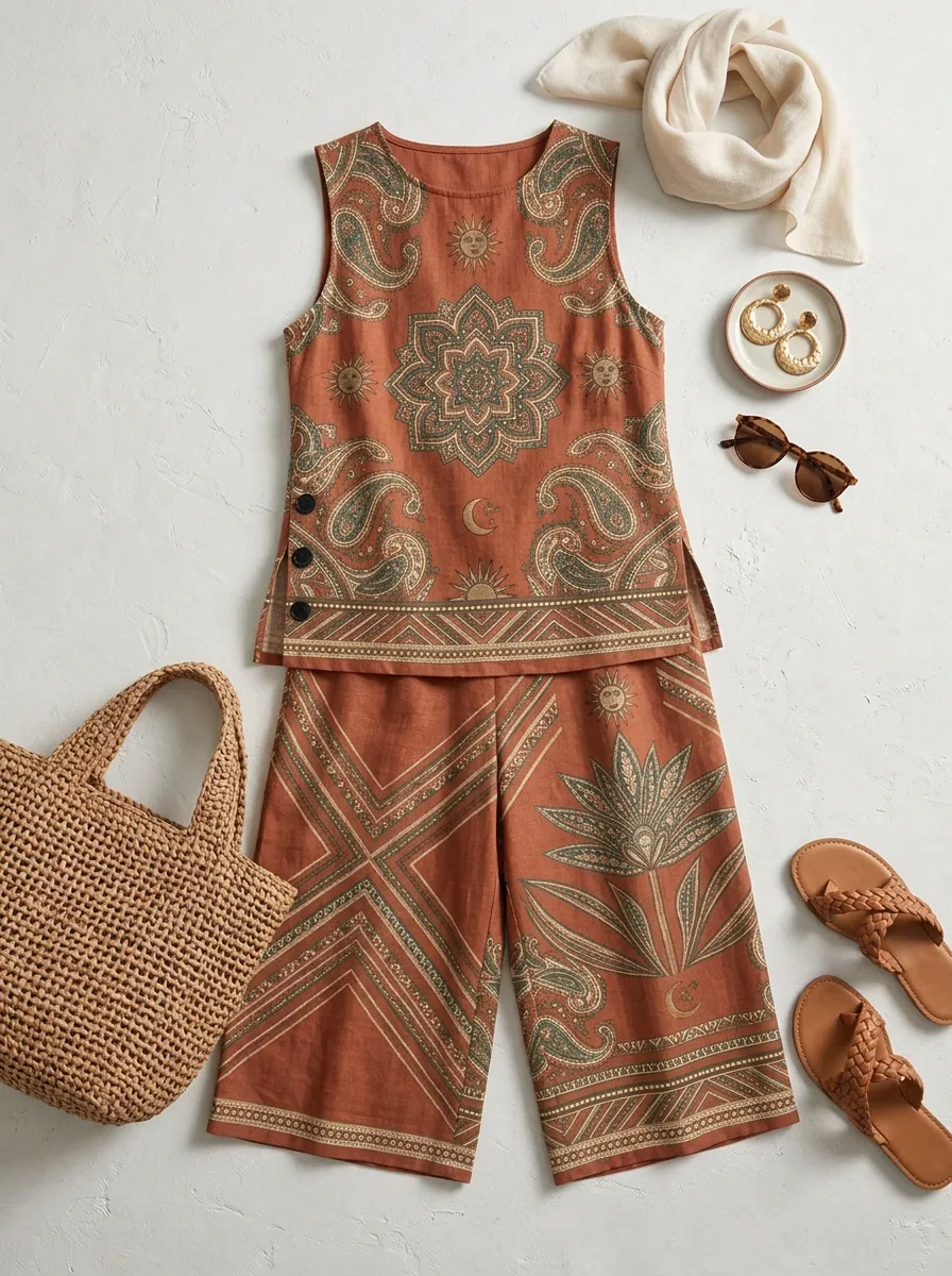Women's Bohemian Mandala Paisley Printed Sleeveless Set