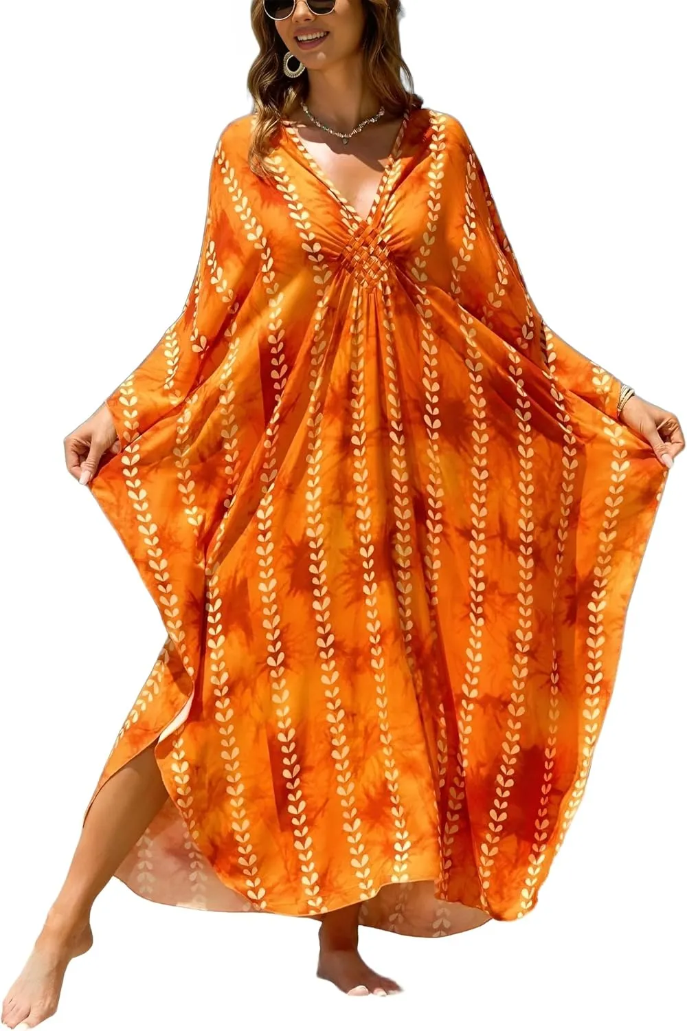 IMAGEKOPE Kaftan Dresses for Women Plus Size V-Neck Moo Moos Batwing Kaftan Beach Dress Bathing Suit Cover-Up Loungewear