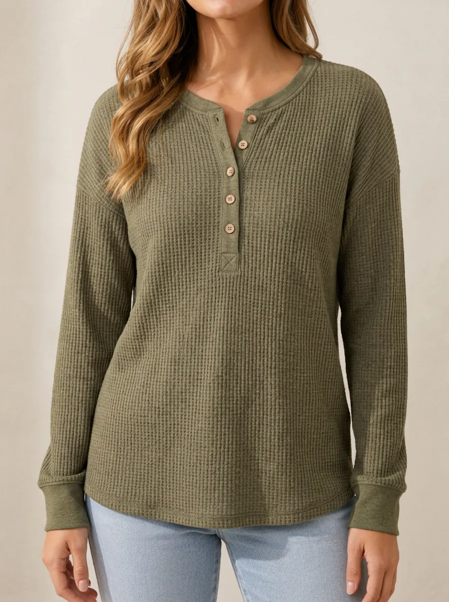 Easygoing Layered Waffle Knit Button Down Henley Top