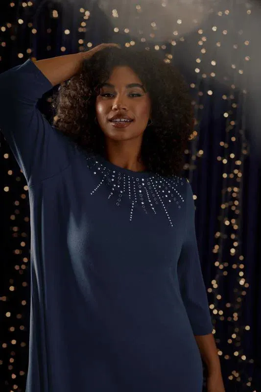 Navy Blue Sequin Embellished Longline Top