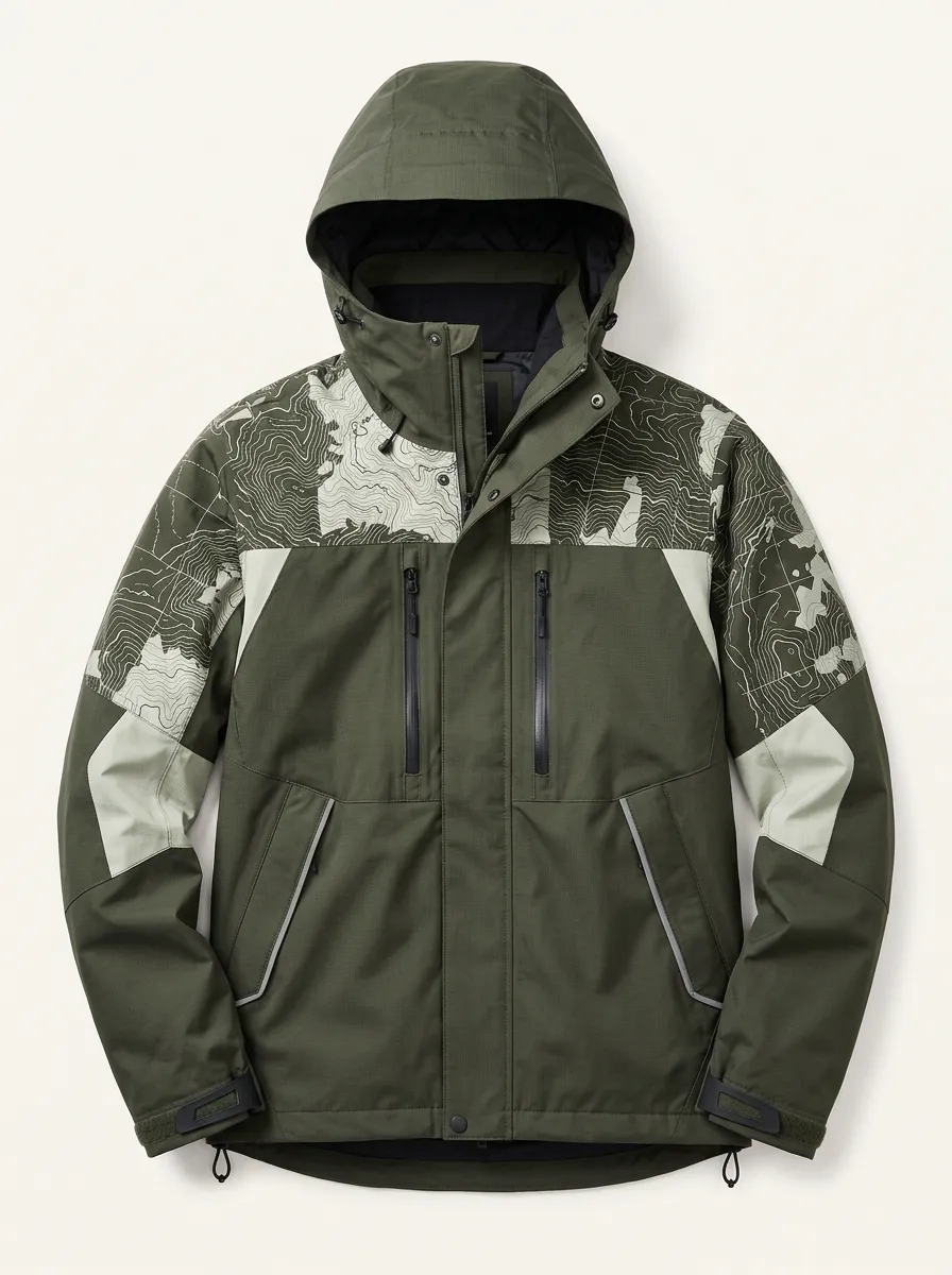 Men's Green Topographic Print Hooded Jacket