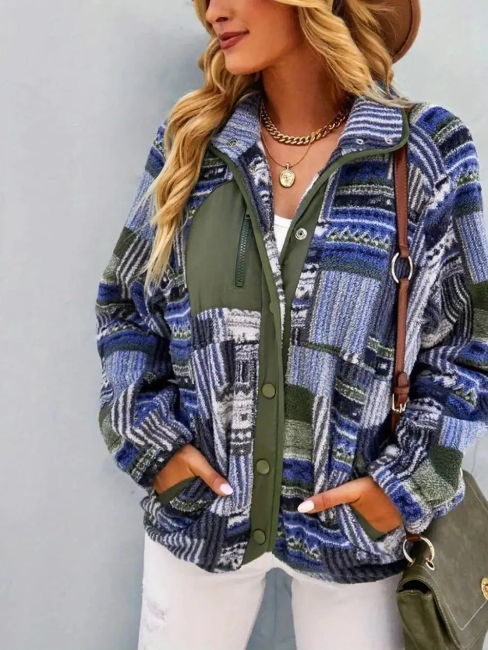 Aztec Print Fleece Snap Down Jacket