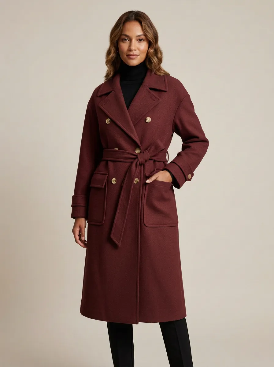 Women's Classic Camel Double-Breasted Belted Wool Coat