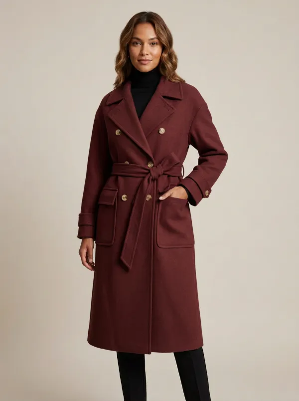 Women's Classic Camel Double-Breasted Belted Wool Coat