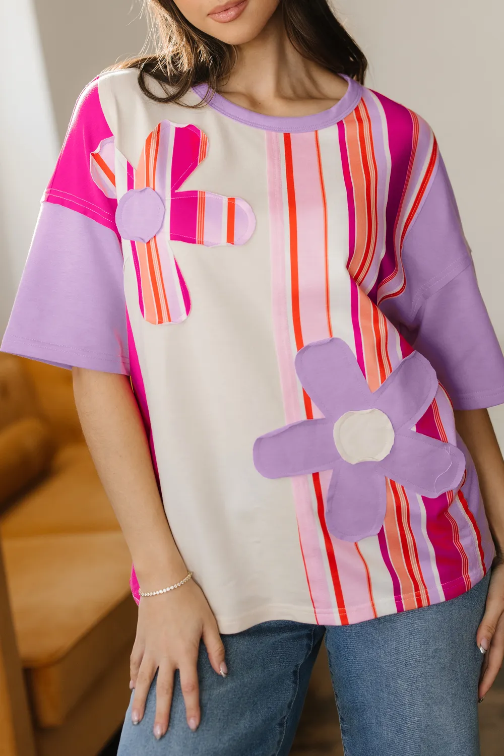 Pink Striped Block Flower Patched Top