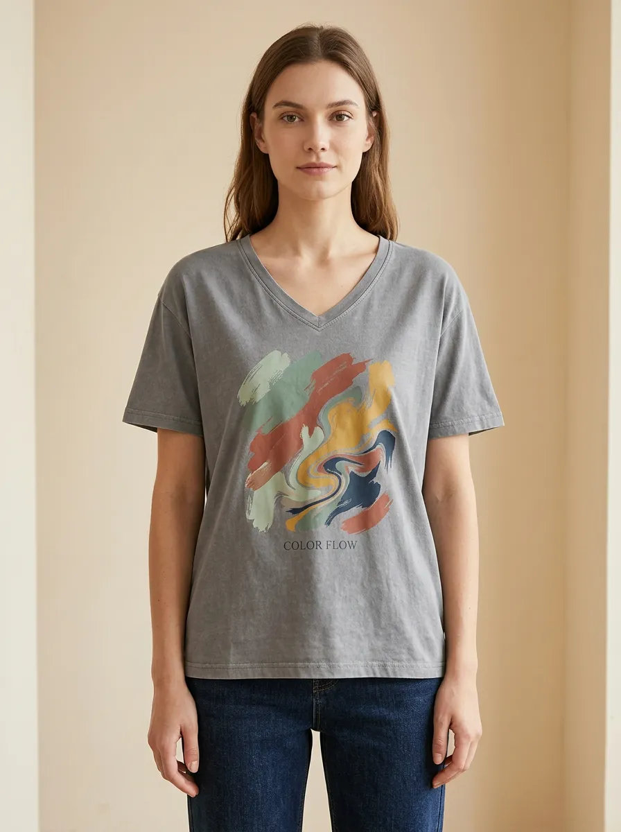 Women's Abstract Art Color Flow Printed V-Neck T-Shirt
