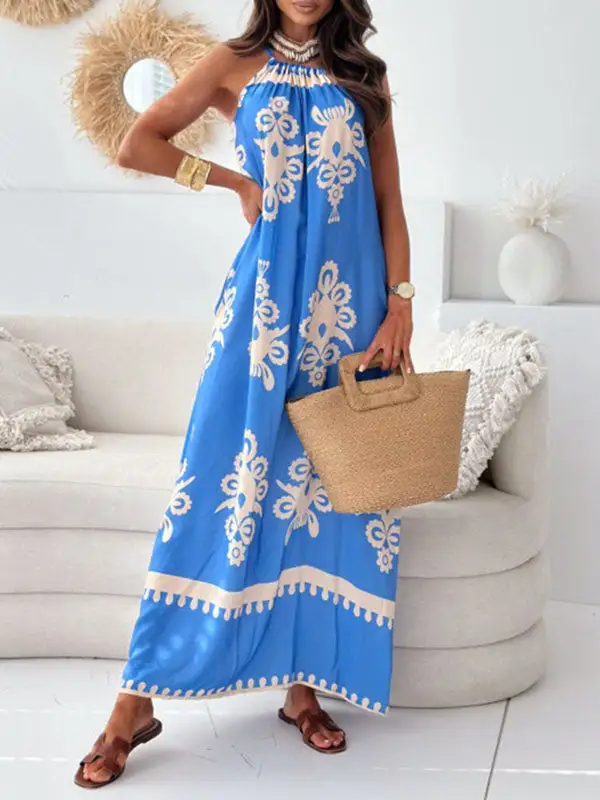 Loose Printed Sleeveless Neck Maxi Dress
