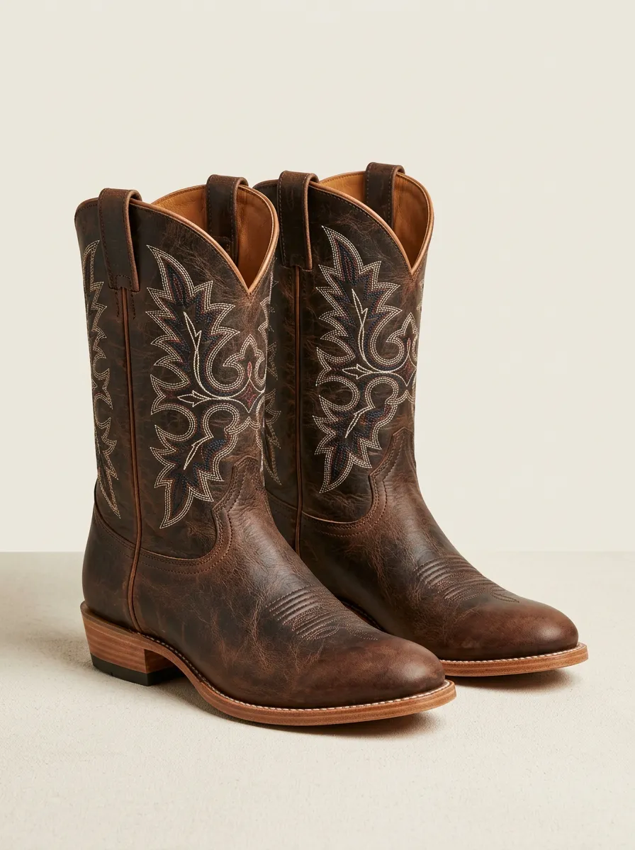 Men's Western Cowboy Distressed Leather Embroidered Printed Boots