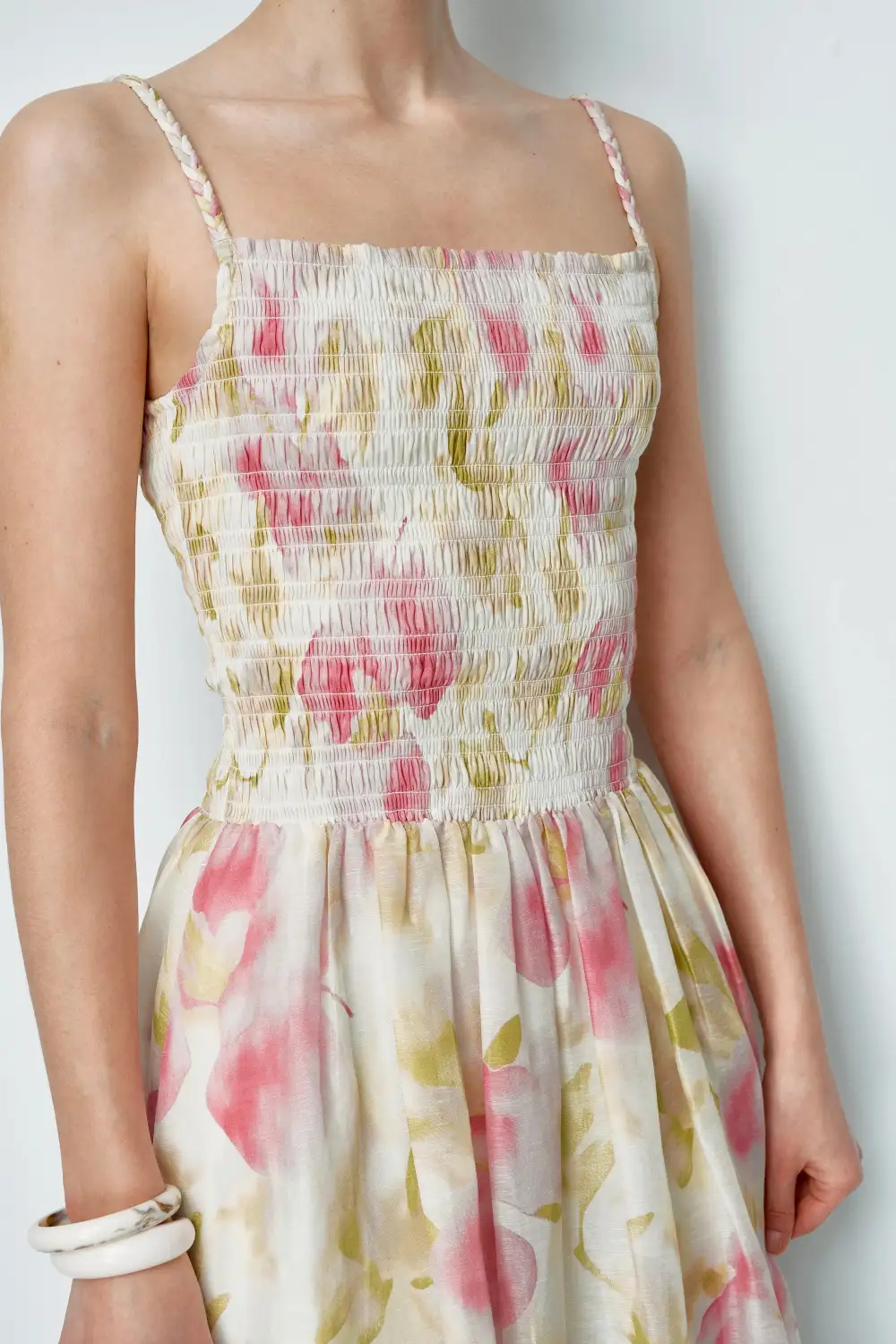 Shirred Handcrafted Silk Linen Blend Maxi Dress