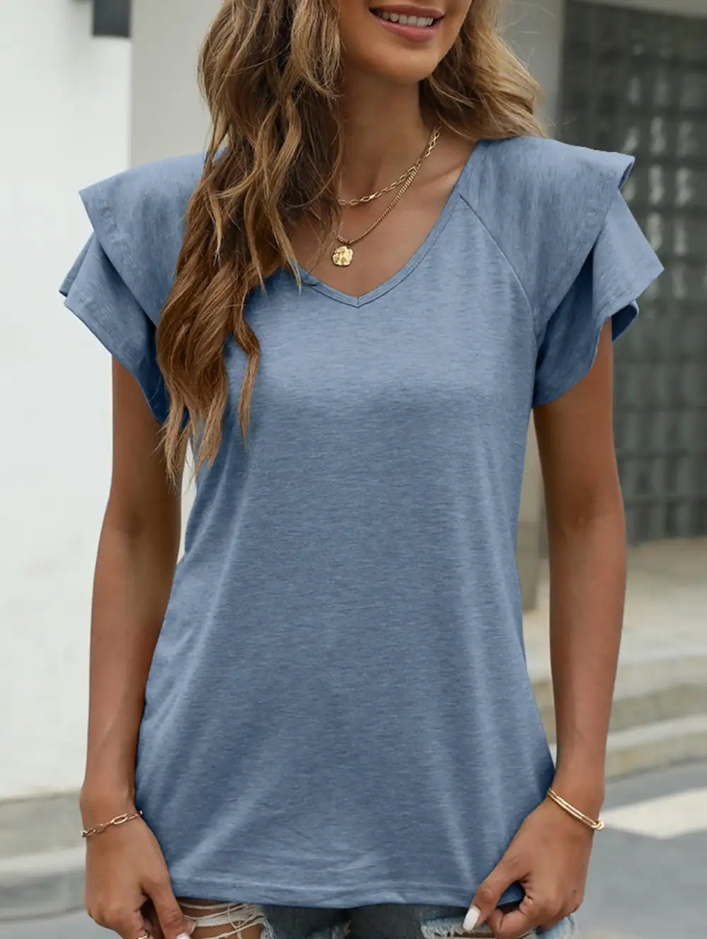 V Neck Double Layer Ruffle Sleeve Tank Top