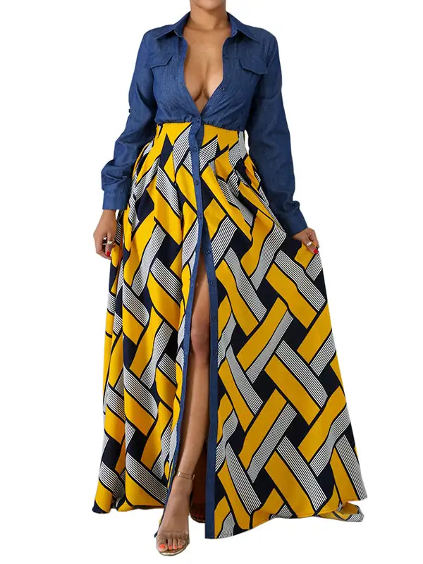 Sleeves Printed Buttoned Long Maxi Dress