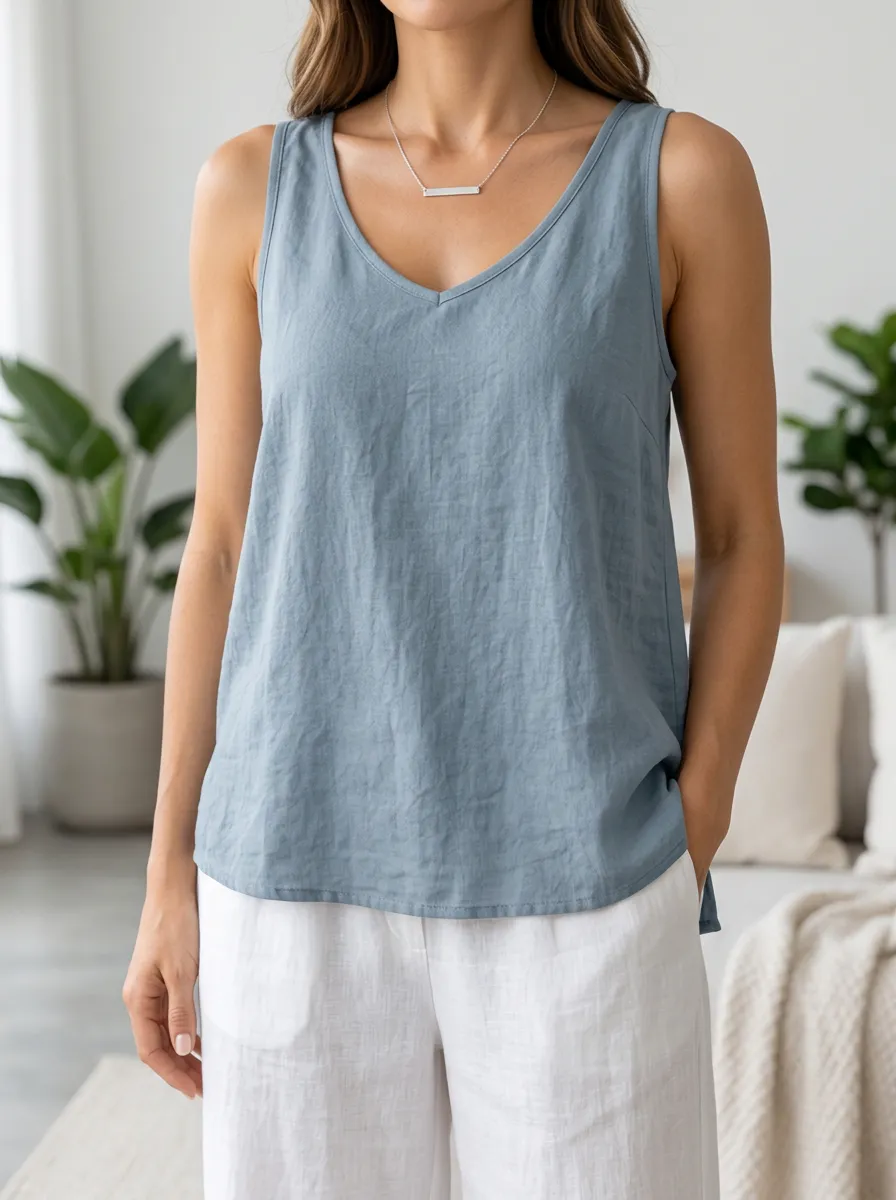 Women's Casual V Neck Wide Strap Side Slit Tank Top