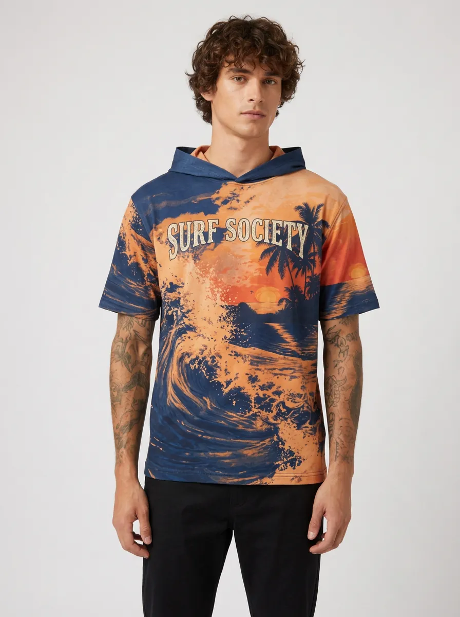 Men's Surf Society Beach Sunset Printed Short Sleeve Hoodie
