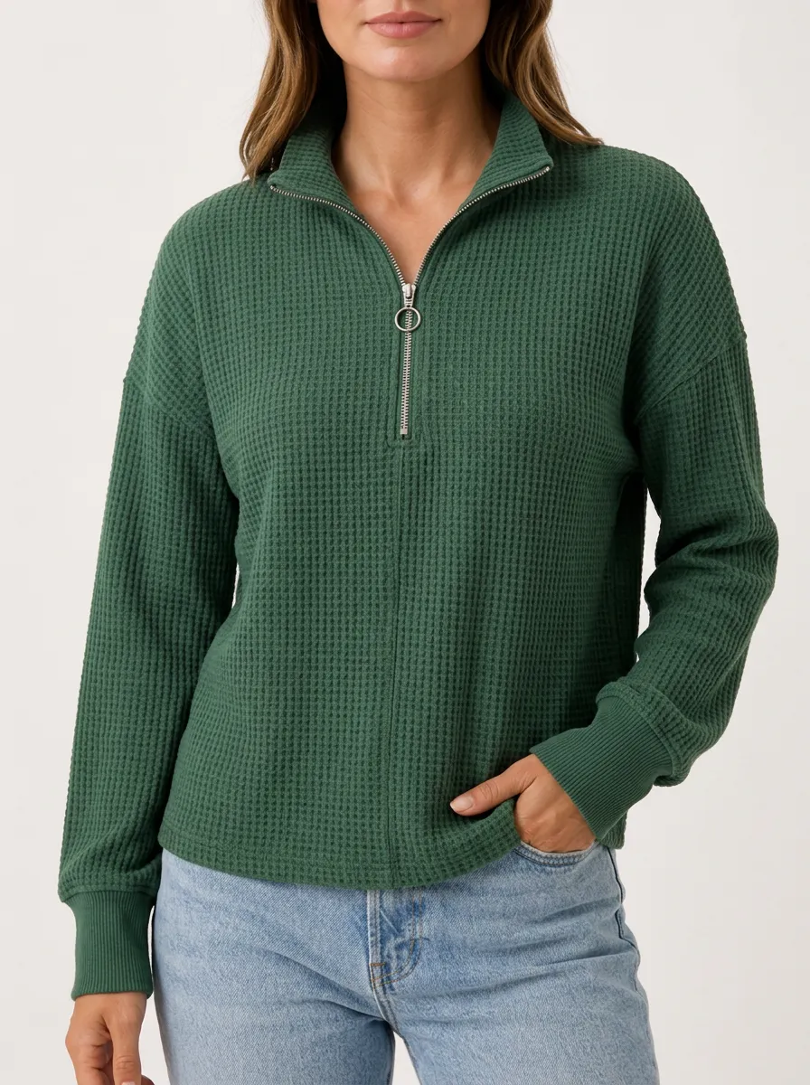 Textured Casual Waffle Knit Quarter Zip Pullover Top