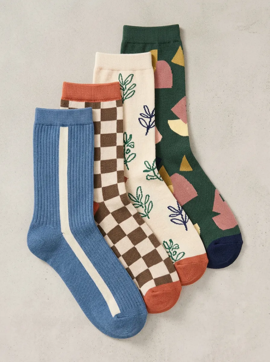 Checkerboard Geometric Floral Retro Four-Pair Casual Socks