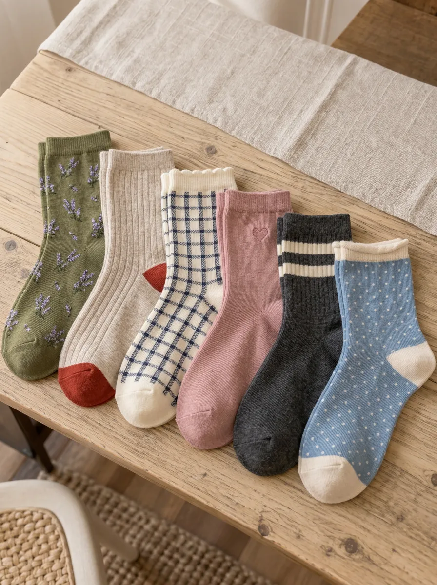 Women's Vintage Floral Plaid Heart Polka Dot Printed Crew Socks 6-Pack