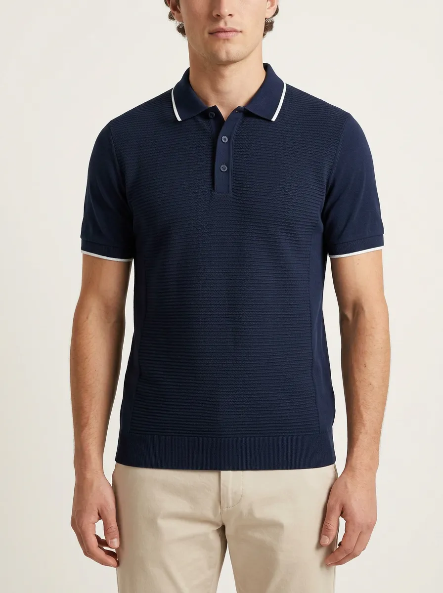 Men's Navy Blue Ribbed Texture Contrast Trim Polo Shirt
