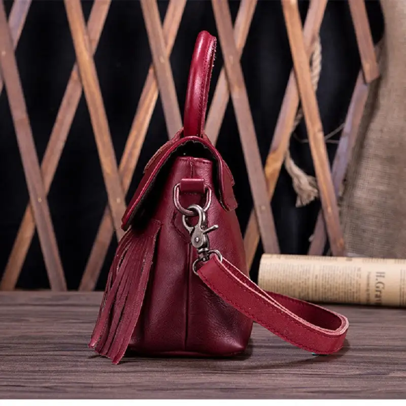 Vintage Leather Messenger Bag Tassel Horizontal Square