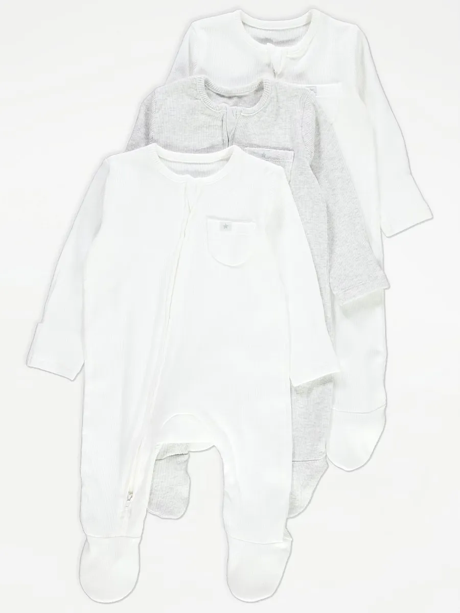 Ribbed Pocket 2 Way Zip Fasten Sleepsuits 3 Pack