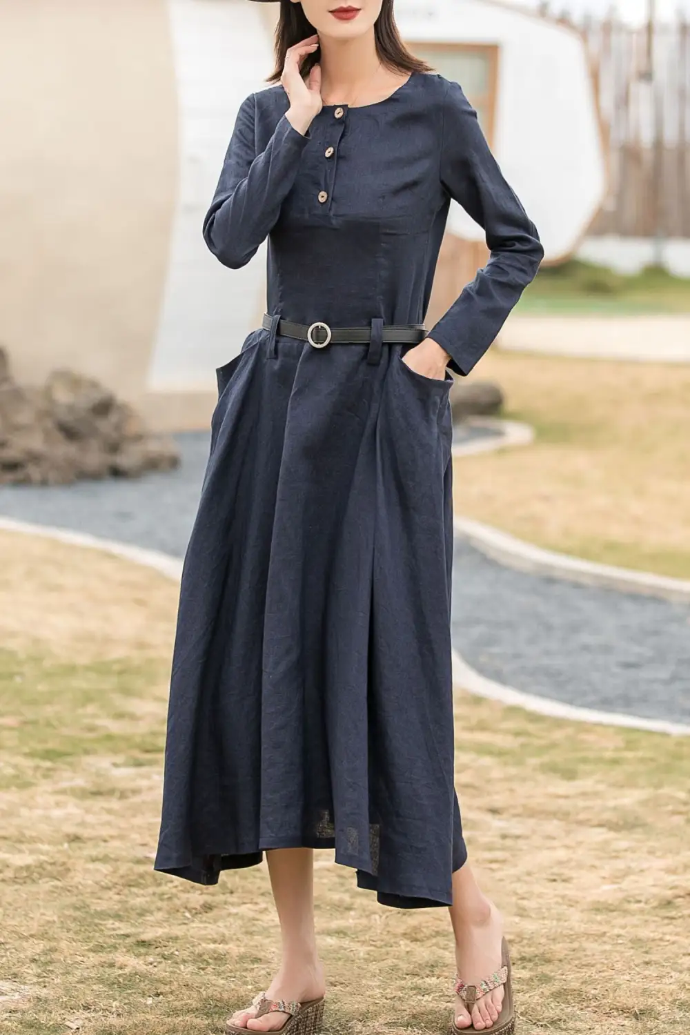 Clean Line Linen Long Sleeve Maxi Dress