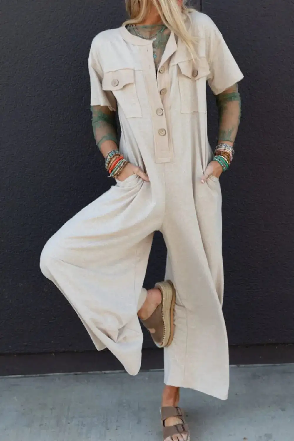 Pocket Front Short Sleeve Wide Leg Shorts