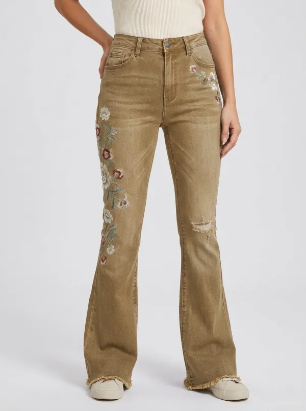 Women's Retro Medium Wash Floral Embroidery High-Rise Flare Jeans