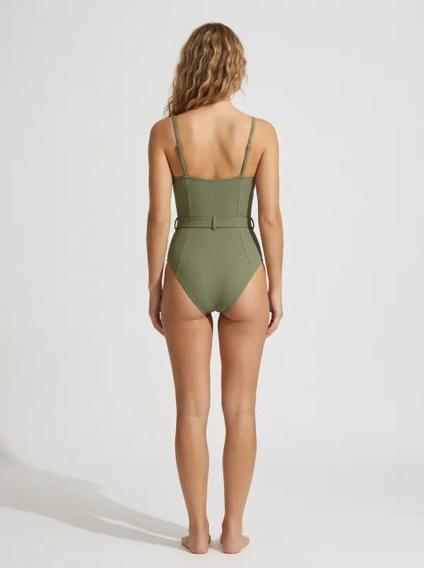 Women's Modern Spaghetti-Strap Belted Ribbed One-Piece Swimsuit