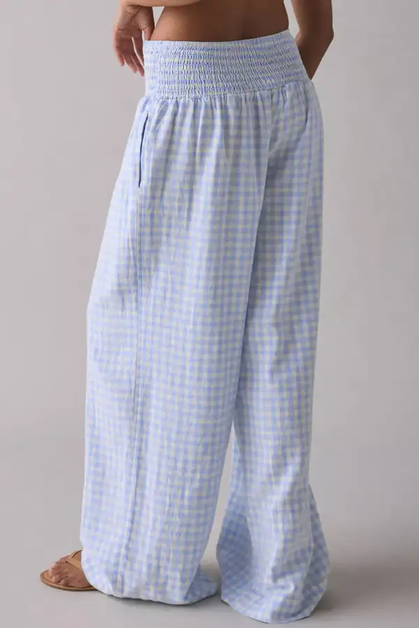 Plaid Print Smocked High Waist Loose Trousers