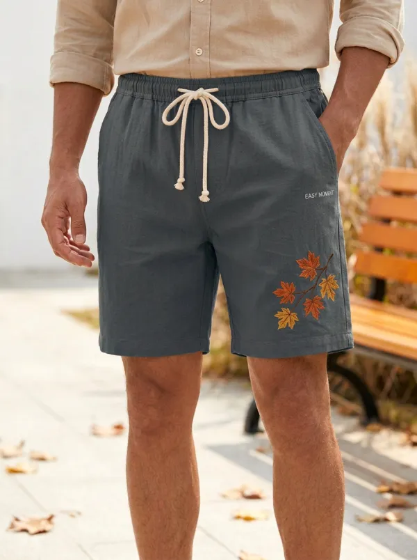 Tan Embroidered Leaf Drawstring Textured Shorts